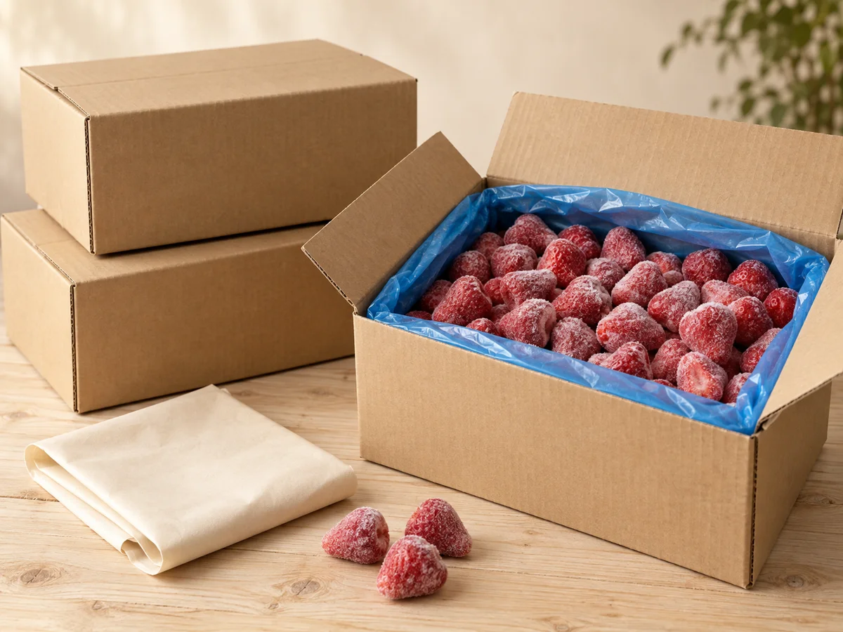 Frozen strawberries packed in an export carton